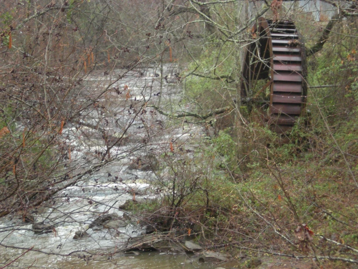 a rusted out rusted out bridge in the middle of a forest