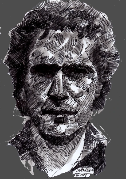 a black and white drawing of a man with wavy hair