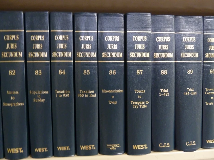 seven blue books lined up against a brown book shelf