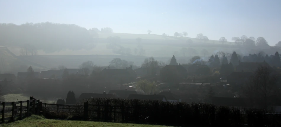 the view is of a town in the distance