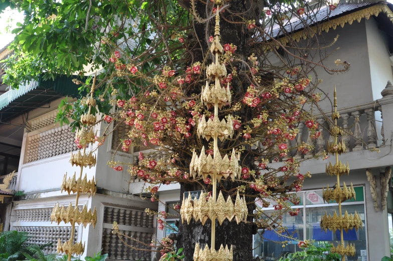 several golden ornaments hanging from a tree near a building