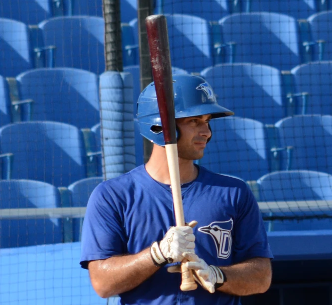 a man in a blue uniform holding a baseball bat