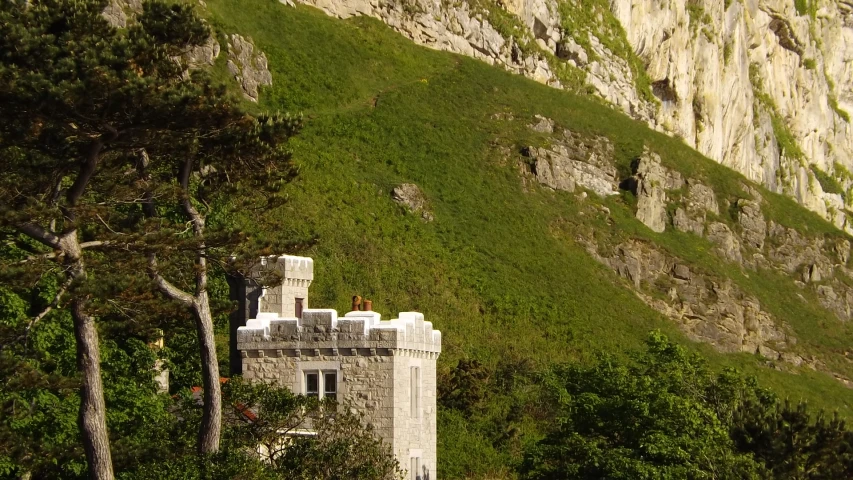 a castle near trees and a steep, green mountain