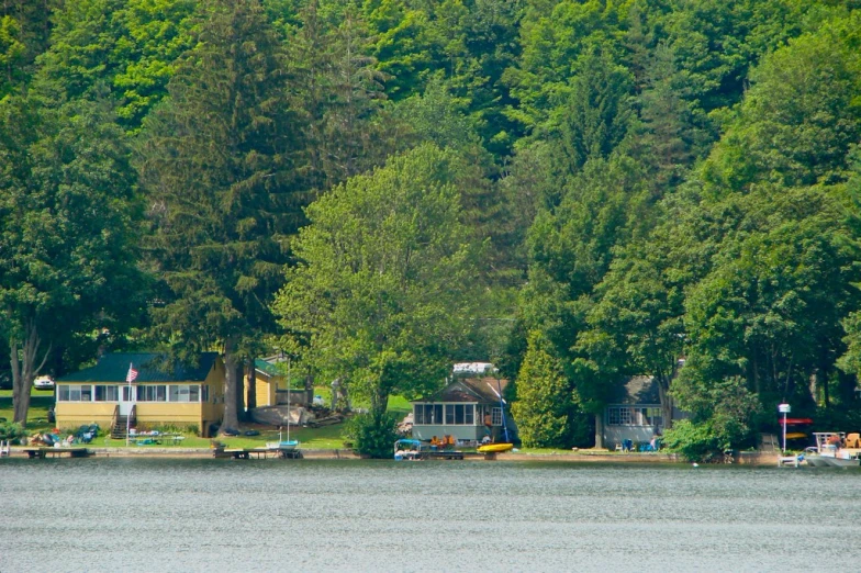 some yellow houses in a large lake surrounded by trees