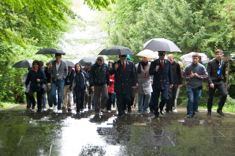 group of people walking down the road with their umbrellas