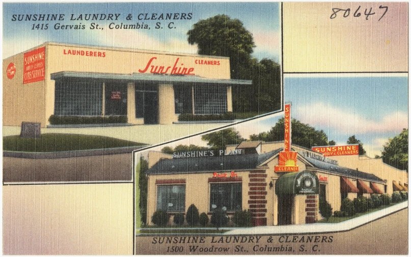 the postcard shows a picture of an old grocery store