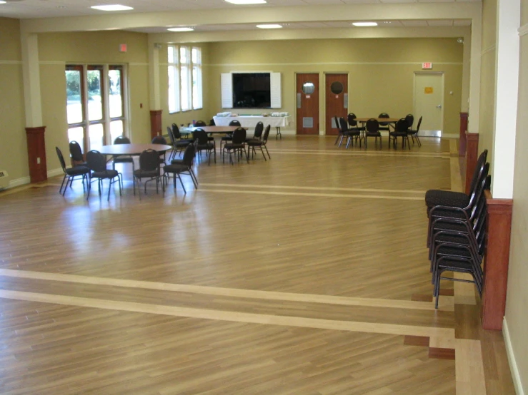 an empty ballroom has tables and chairs set up