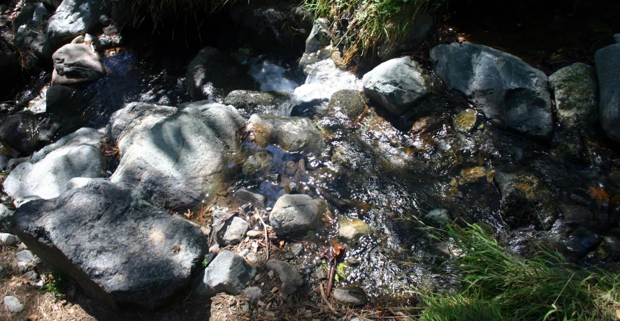 the rocks are surrounded by water and grass