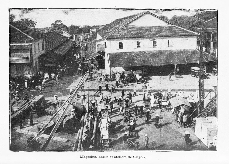 an old pograph of horses, wagons and people