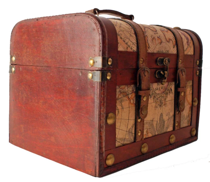 the back of a brown trunk with maps on it