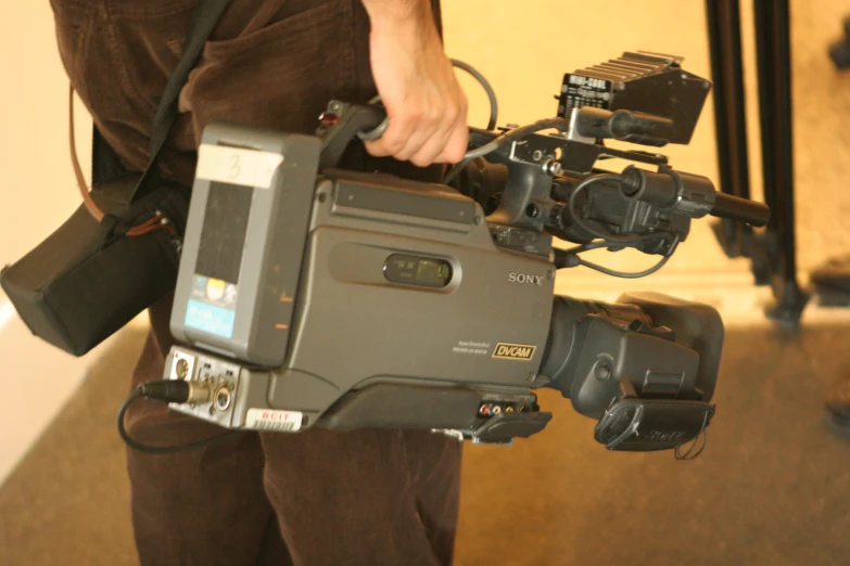 the hand is on a small camera with three tripods