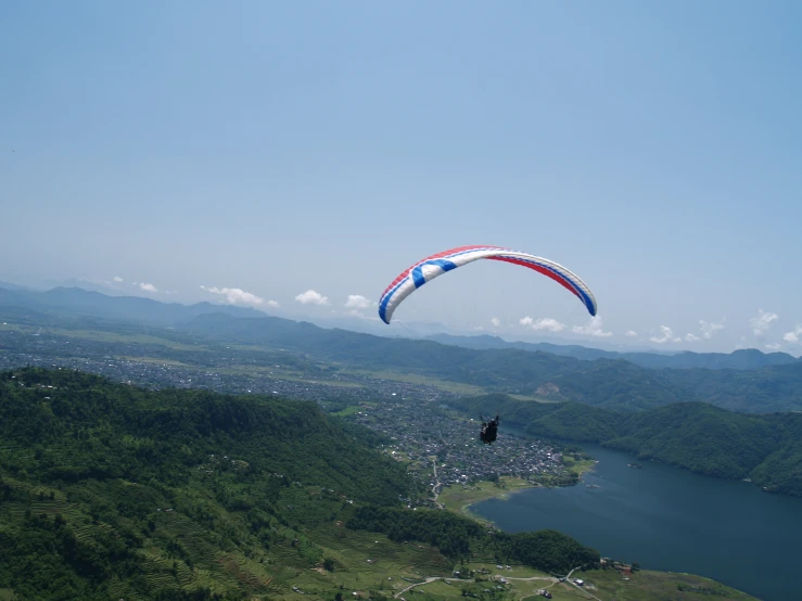 someone para sailing through a green area by the lake