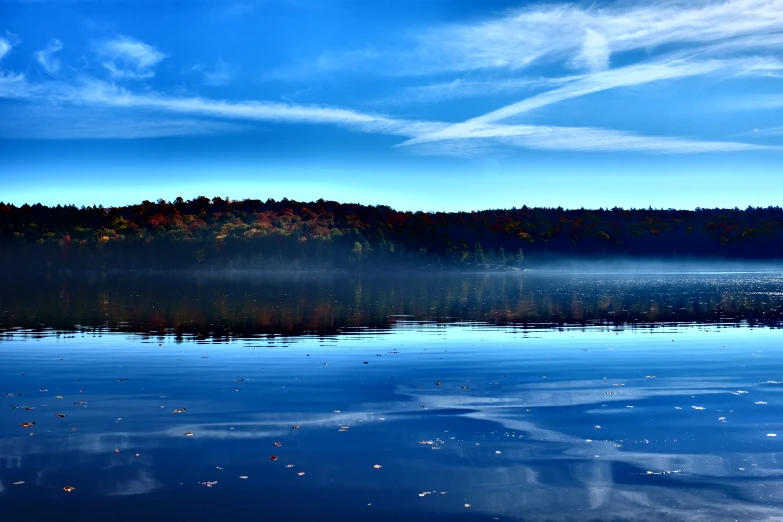 blue waters with leaves on the trees in autumn