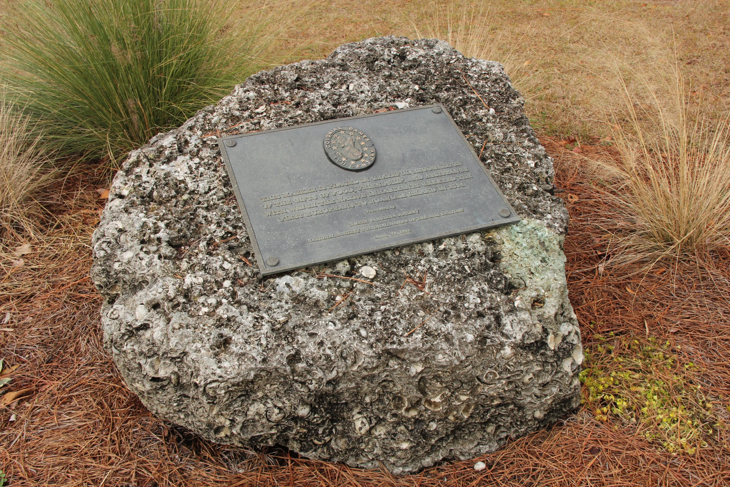 a rock in the grass with a plaque on it