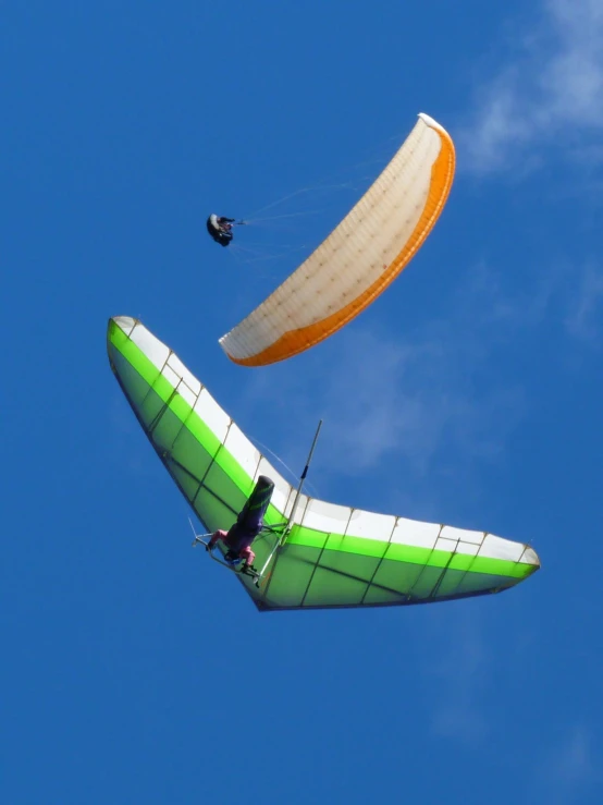 an extreme close up view of two hang gliders against a blue sky