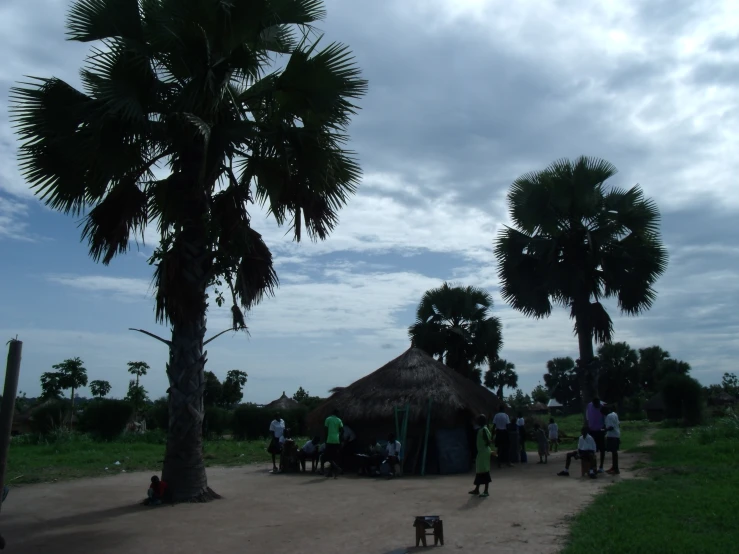 several people stand near a thatched hut while one dog walks next to them