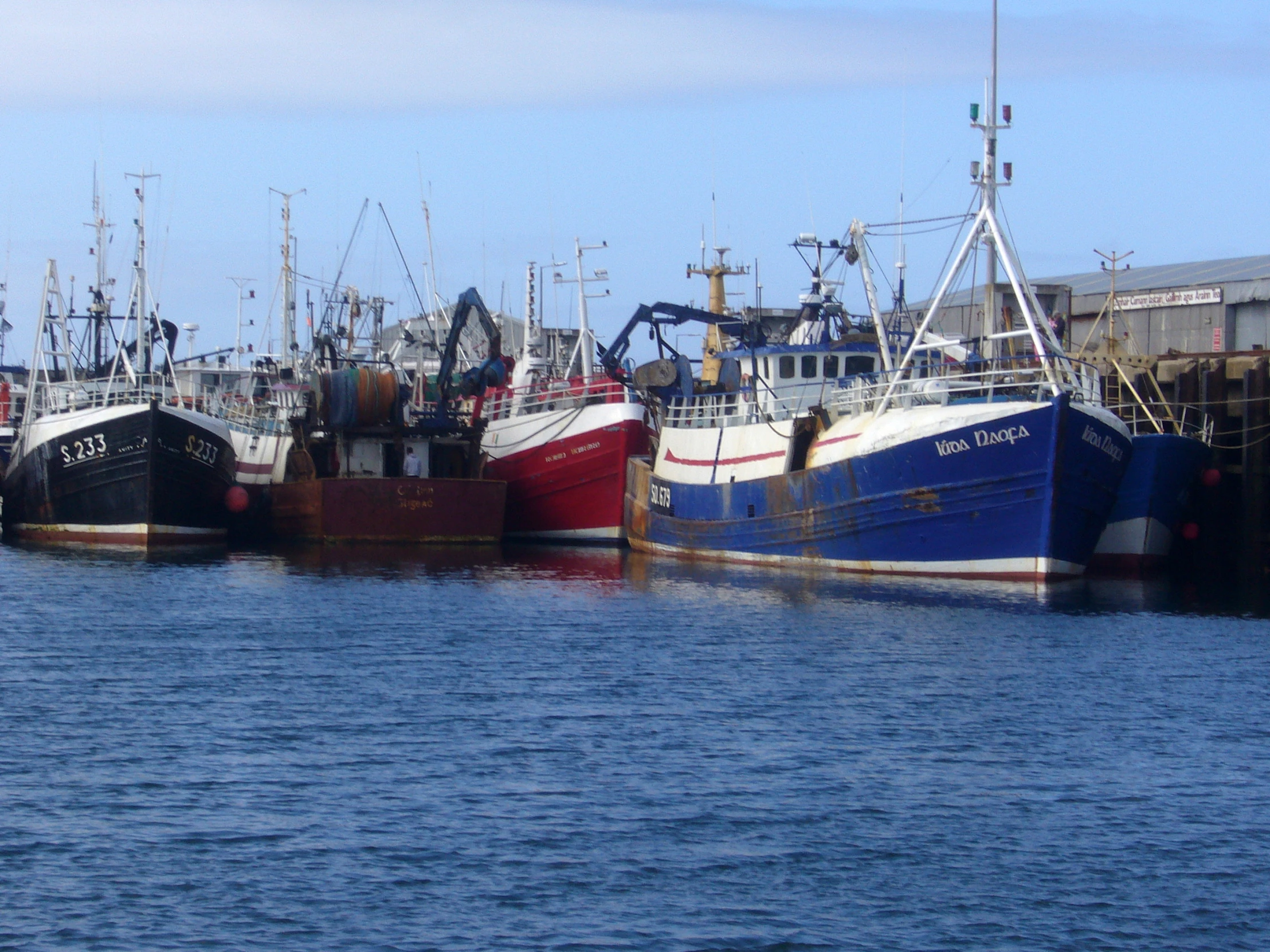 several boats are parked in a harbor on a sunny day