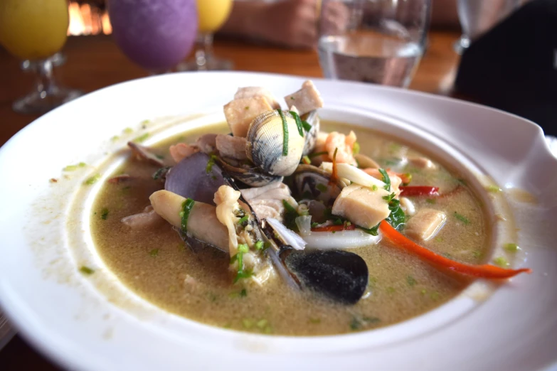 soup with white sauce with some vegetables and chicken