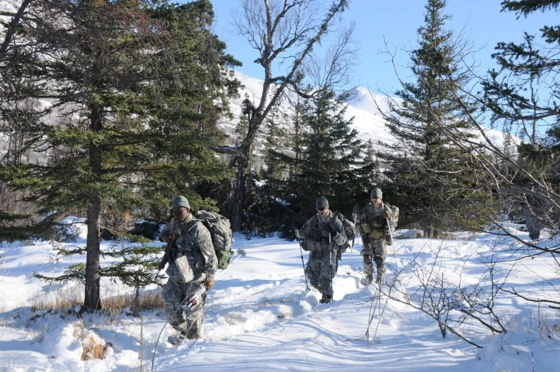 military men walking through the snow surrounded by trees