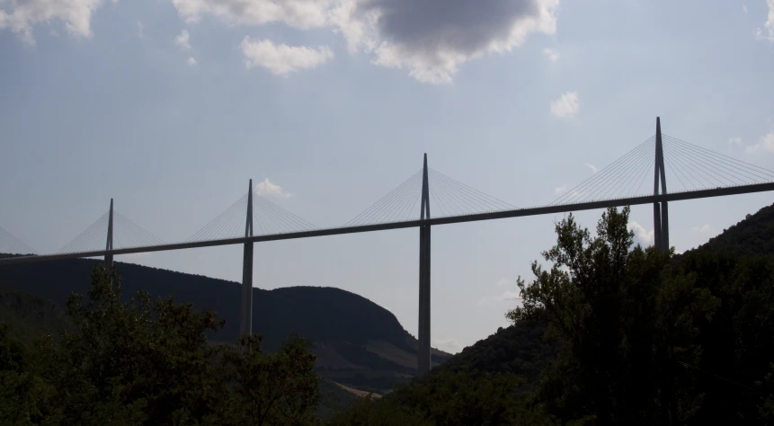 a bridge is shown from behind with the mountains in the background