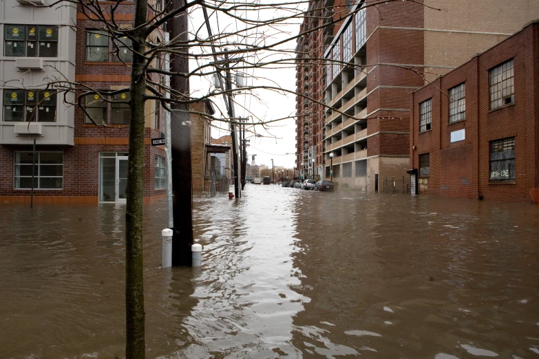 a street is flooded by water on an overcast day