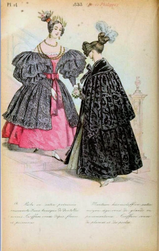 two woman wearing historical dress and dress patterns, talking