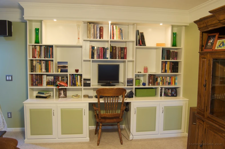 this room is filled with books and a large television