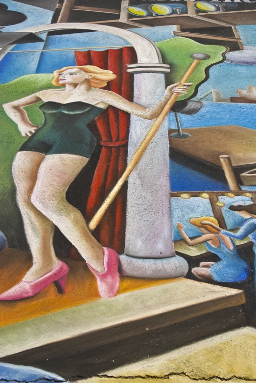 a woman leaning over a pipe in a painting