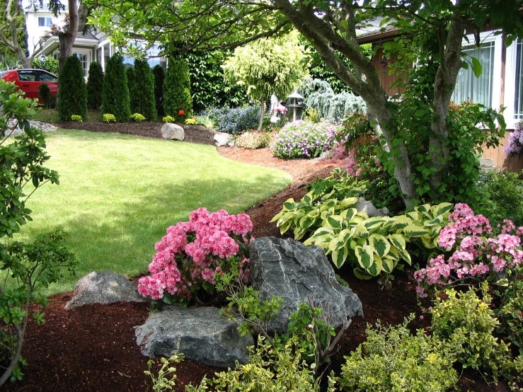 a grassy area with rocks, shrubbery and a flower garden