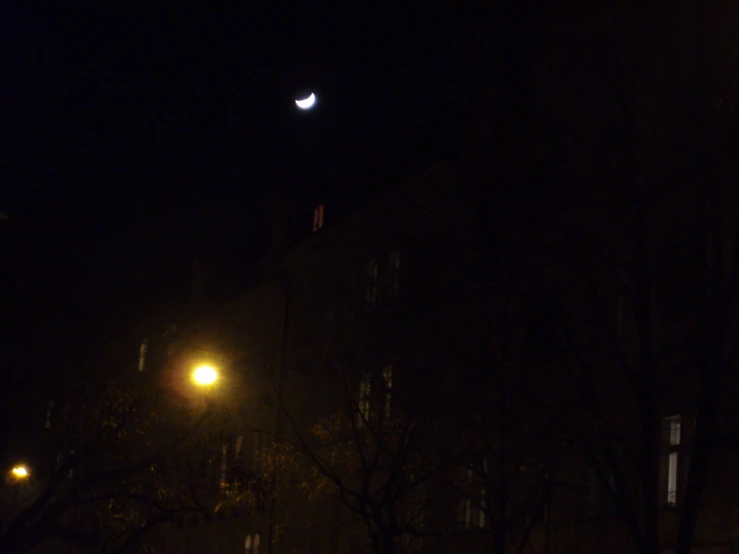 a street light with the moon above in the dark