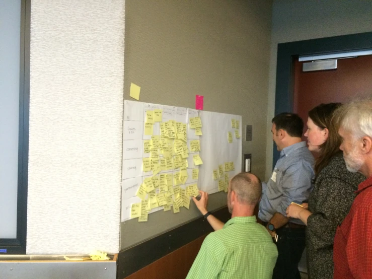 people stand near an organization bulletin board with notes