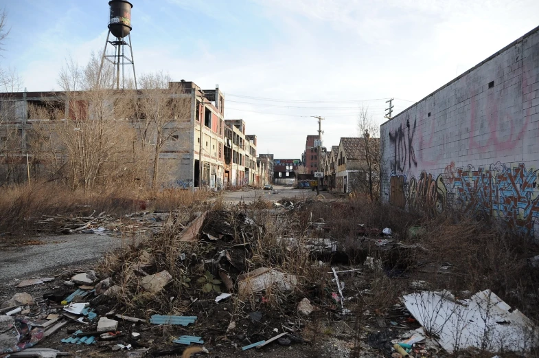 a derelict street that is mostly littered with rubbish