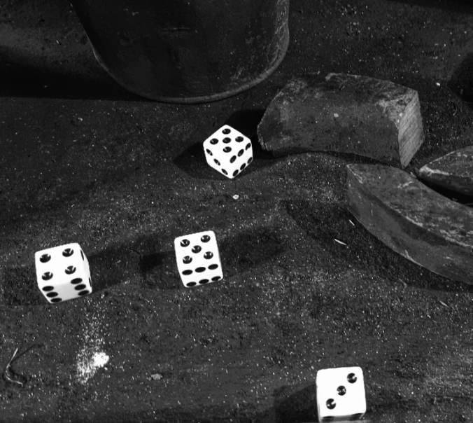 dices are lying in the mud with some rocks nearby