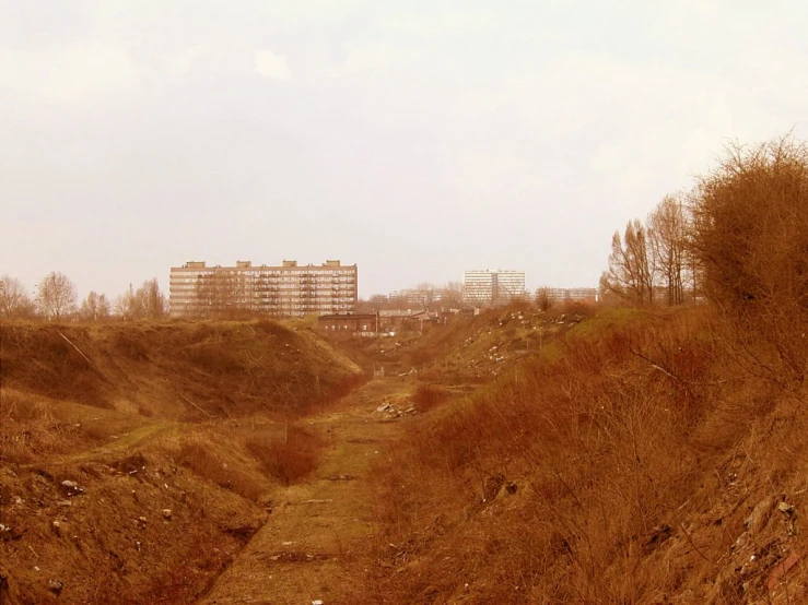 a very barren pathway going into an apartment complex