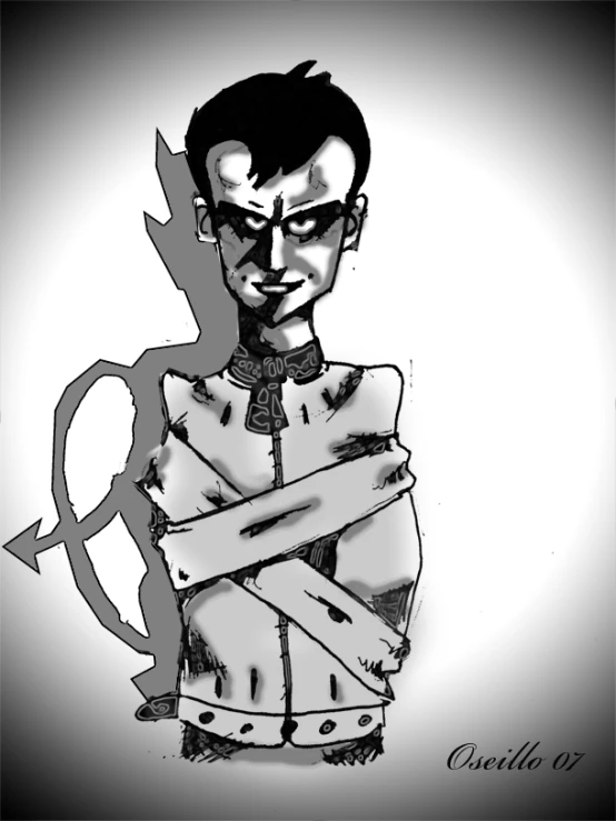 a black and white drawing of a young man with scissors