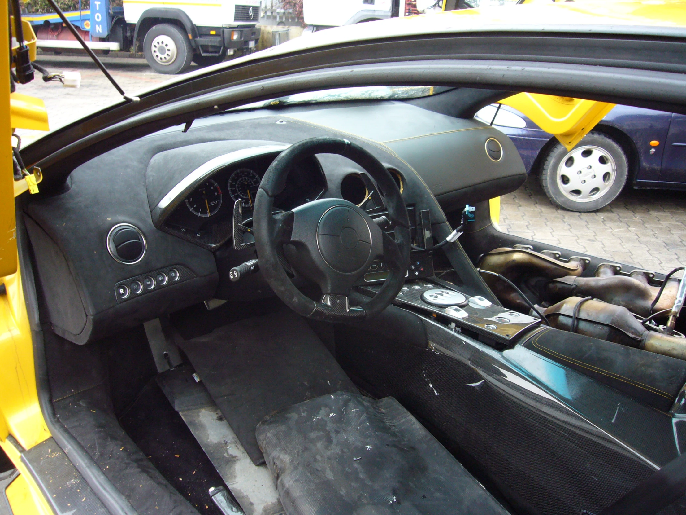 a car with the steering wheel out