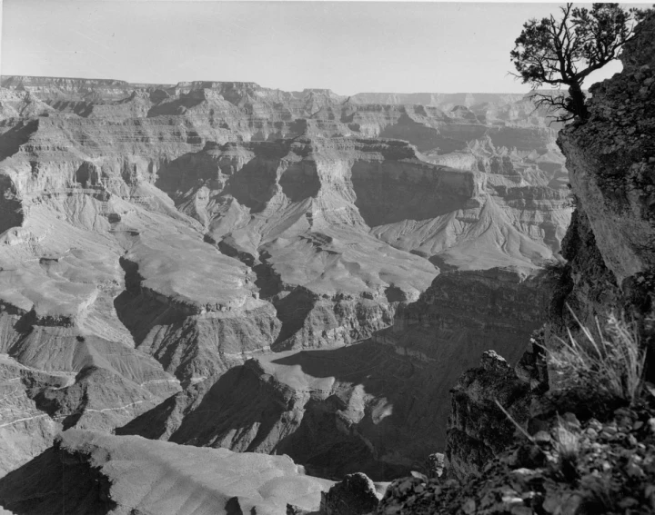 a black and white image of a large canyon