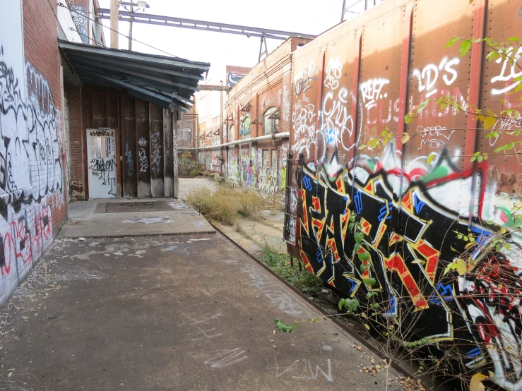 a long piece of graffiti is shown next to a wall