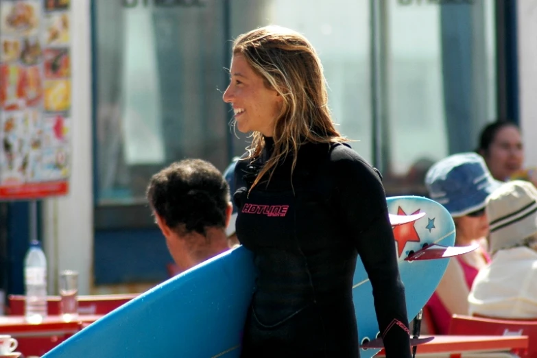 a woman in a black wetsuit walking with a blue surfboard