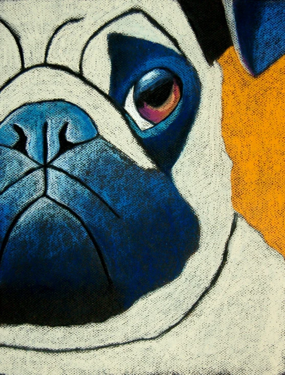 a blue and white painted dog's face in a brown background