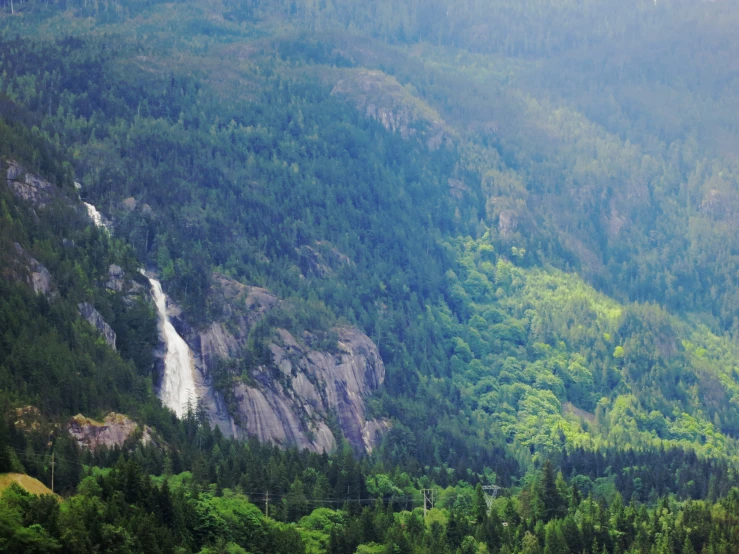 a waterfall flows into the distance of a forested area