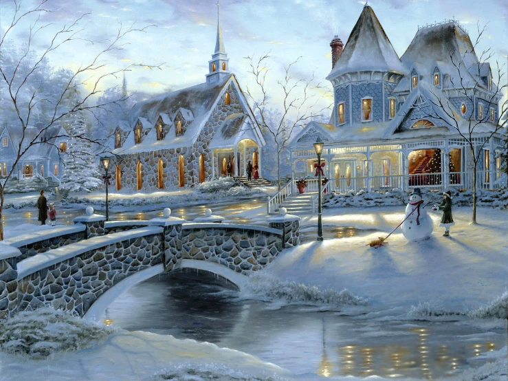 an oil painting of winter scenes in a park