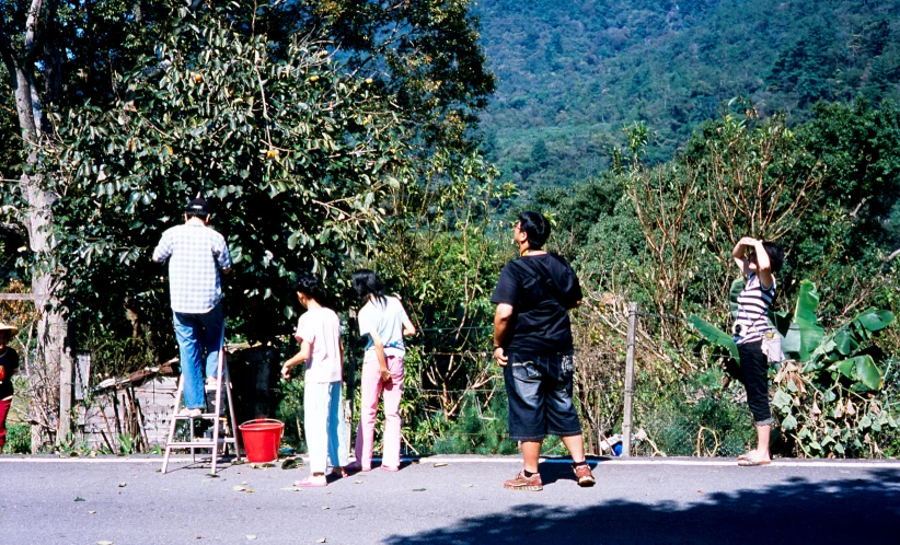 two adults and three children on skateboards near trees