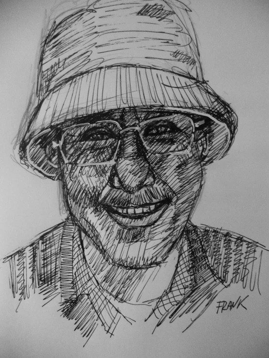 a drawing of a man wearing glasses and a hat