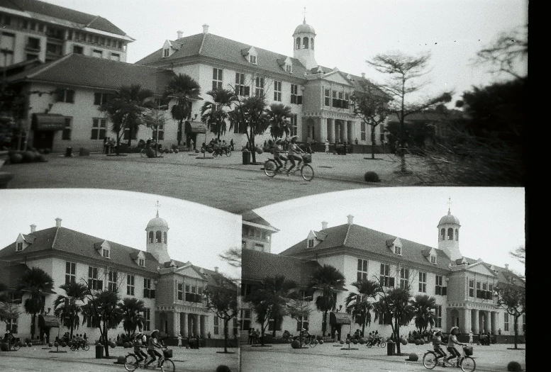 three black and white pographs show the architecture of a large old building