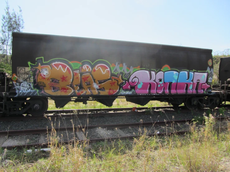 the side of the train is full of graffiti