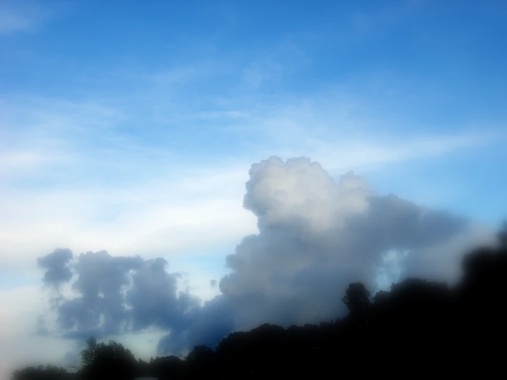 clouds are pictured above trees in the distance