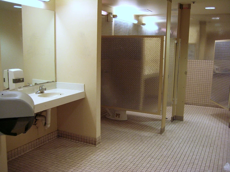 the large public bathroom has a glass enclosure behind the sinks