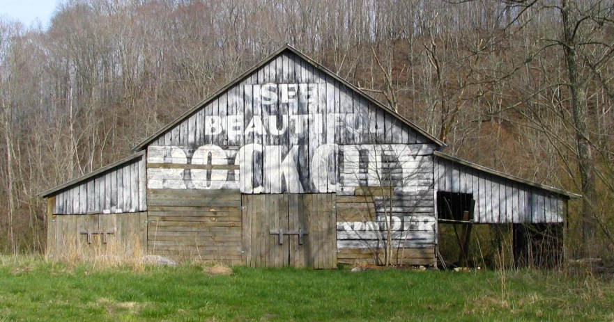 an old dilapidated building sits on a grassy lot