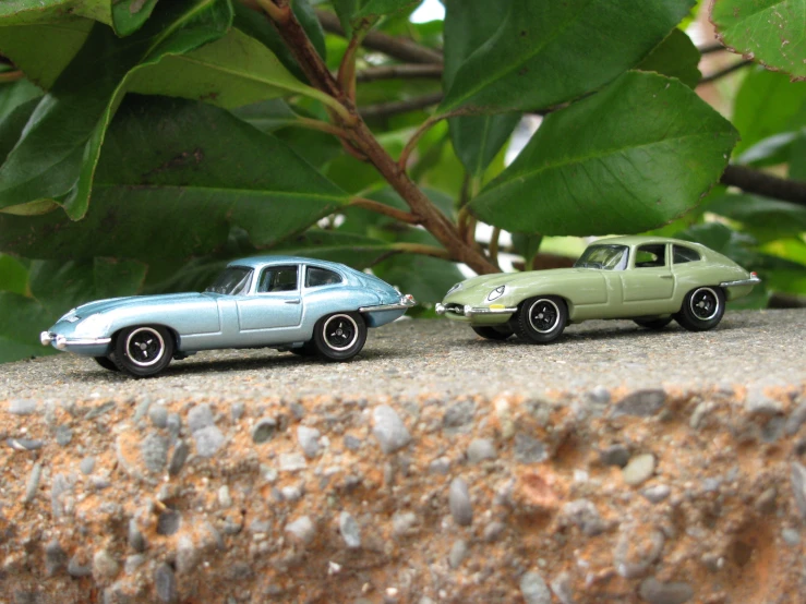 two toy cars on a ledge in front of green leaves